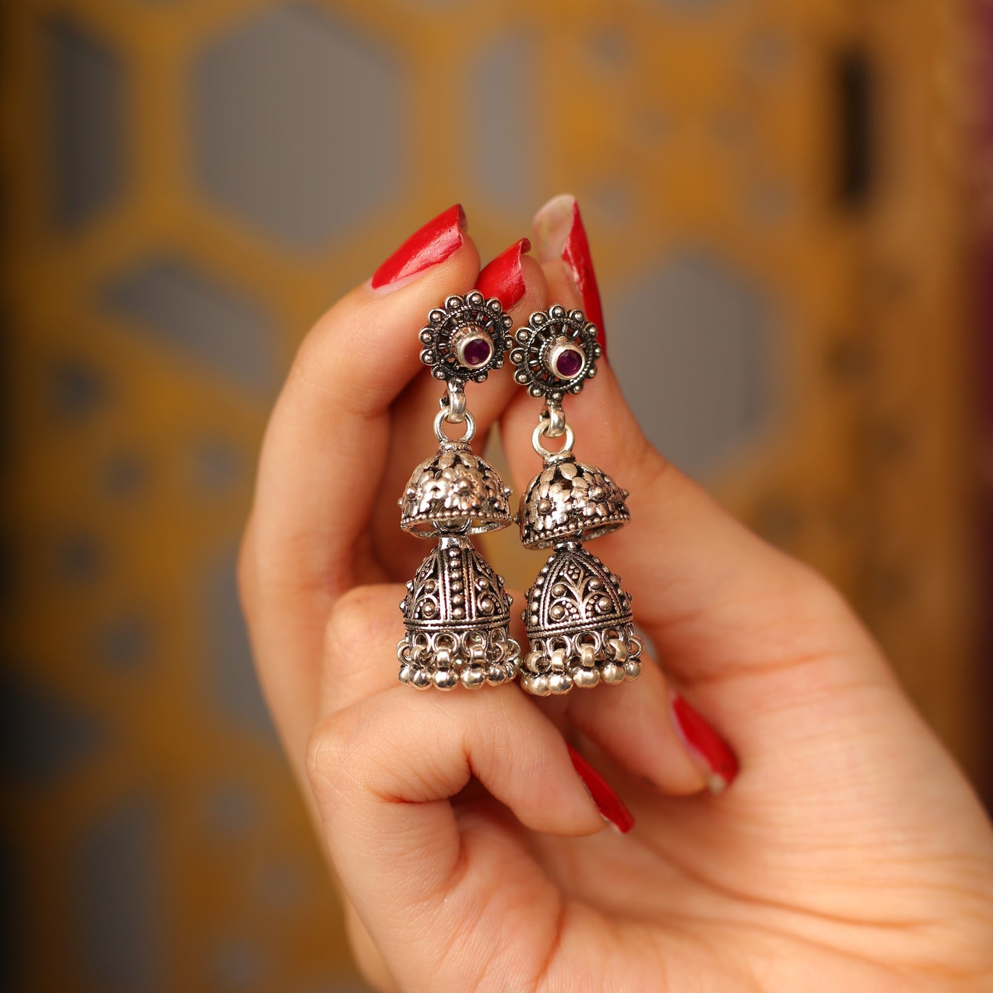 Traditional floral Hanging Purple Zircon Jhumka Earrings