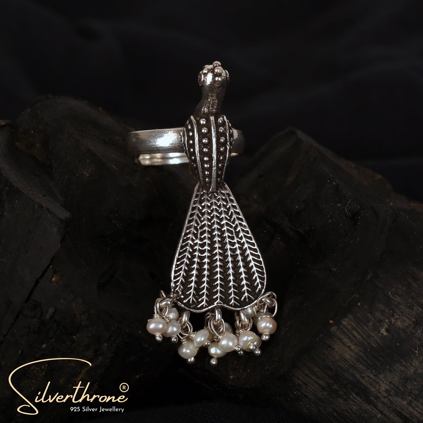 Peacock Pearl Silver Ladies Ring