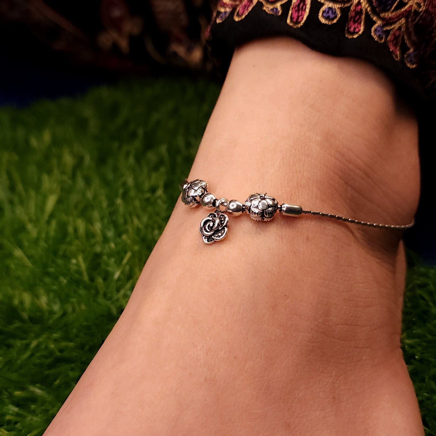 925 Silver Flower Hanging Chain Style Adjustable Anklet