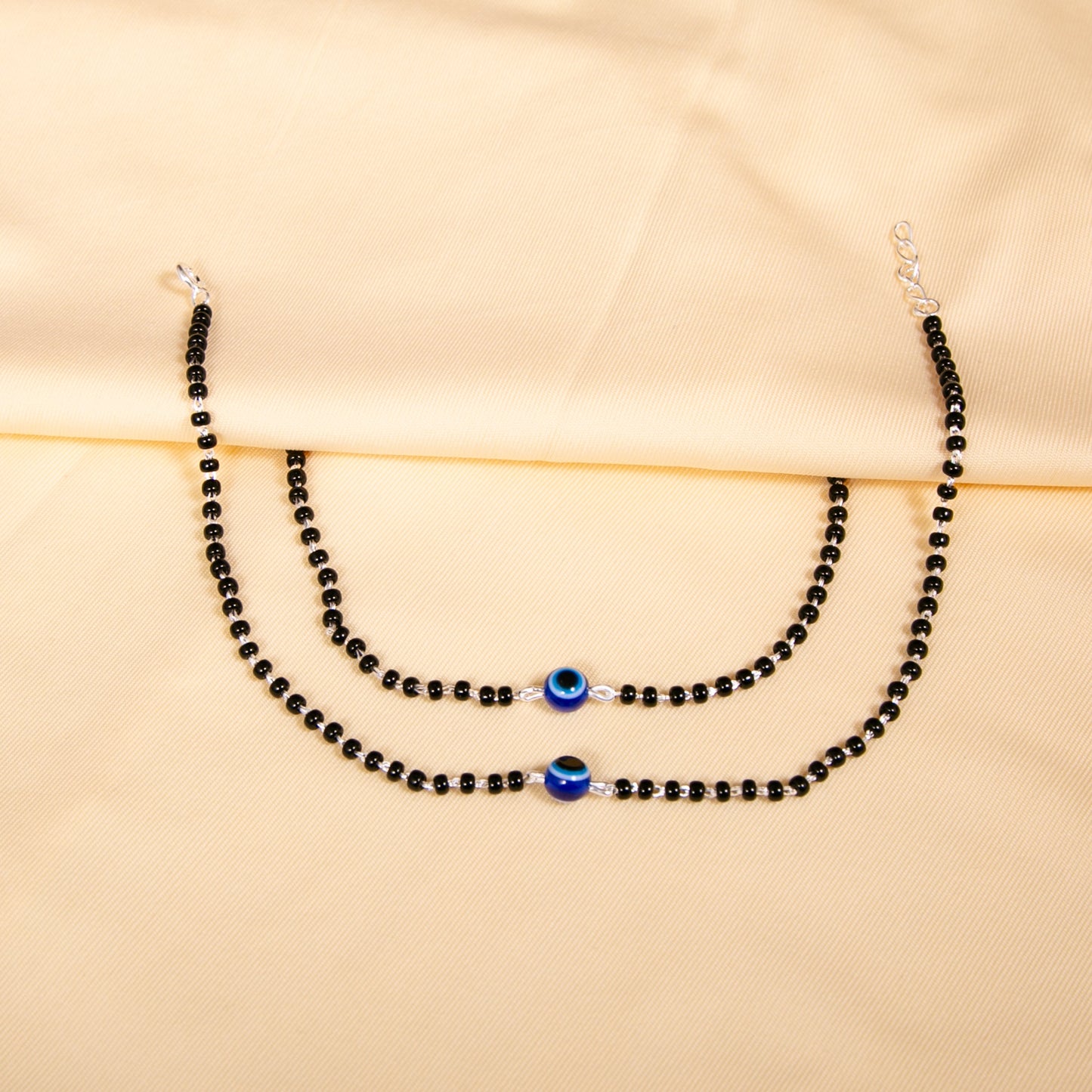 925 Silver Evil Eye Chain Black Beads Adjustable Anklet