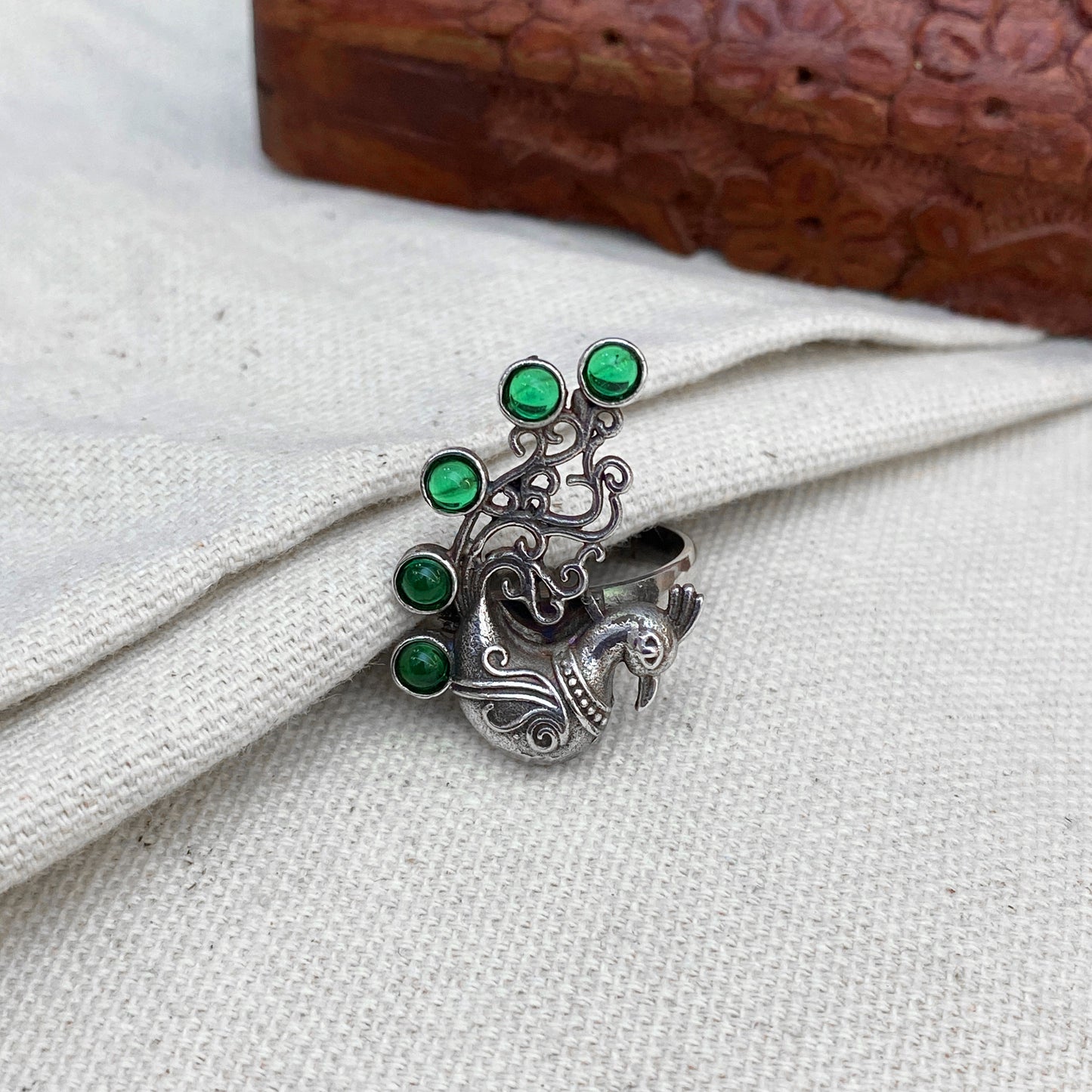925 Silver Peacock Design Green Zircon Ring