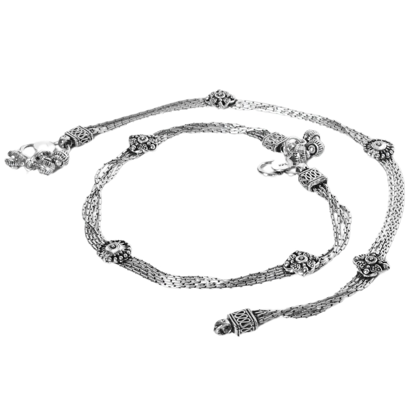 3 Line Chain Floral Design Anklet (Payal) for women in Pure 925 Sterling Silver