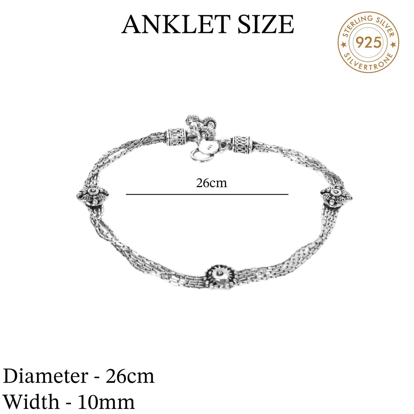 3 Line Chain Floral Design Anklet (Payal) for women in Pure 925 Sterling Silver