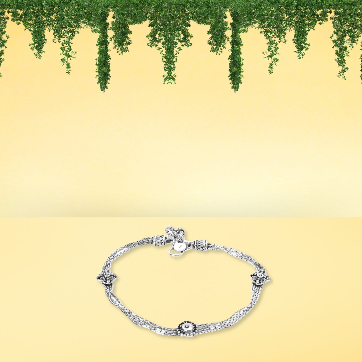 3 Line Chain Floral Design Anklet (Payal) for women in Pure 925 Sterling Silver