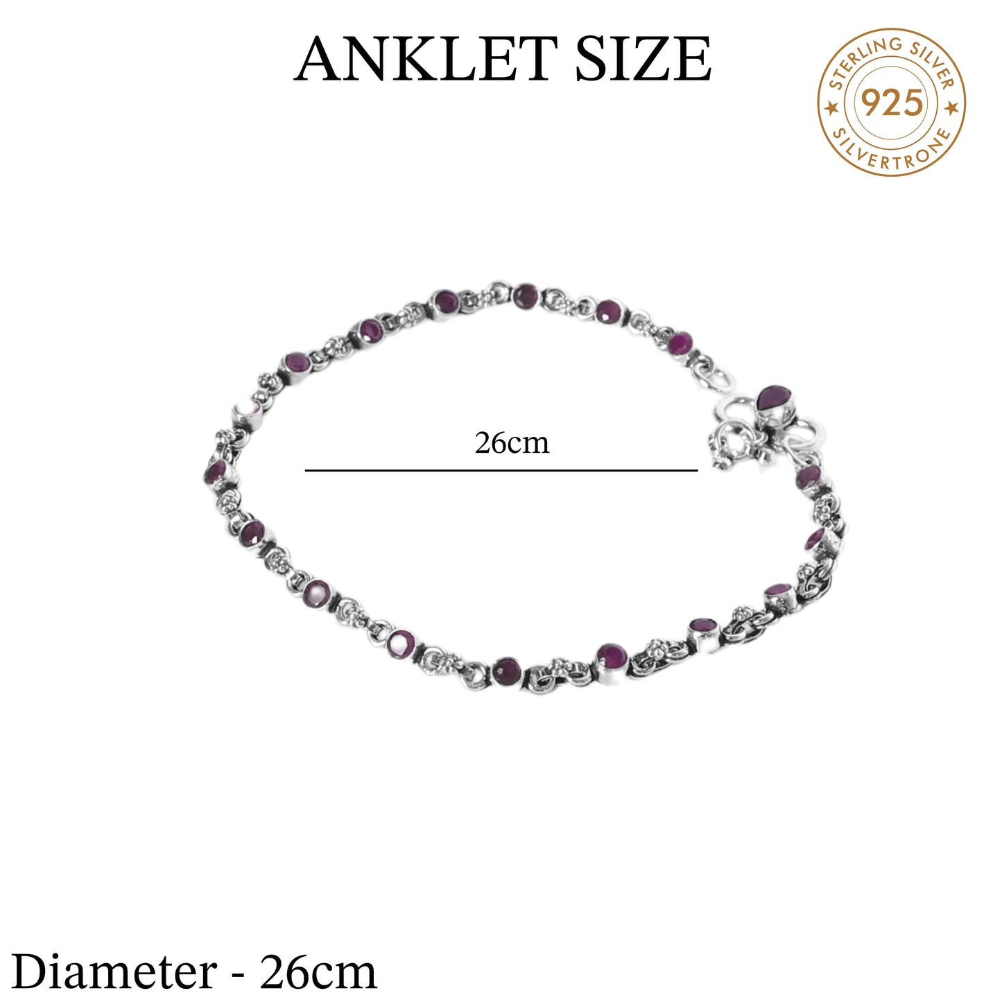 Red Cut Stone Design Anklet (Payal) for women in Pure 925 Sterling Silver