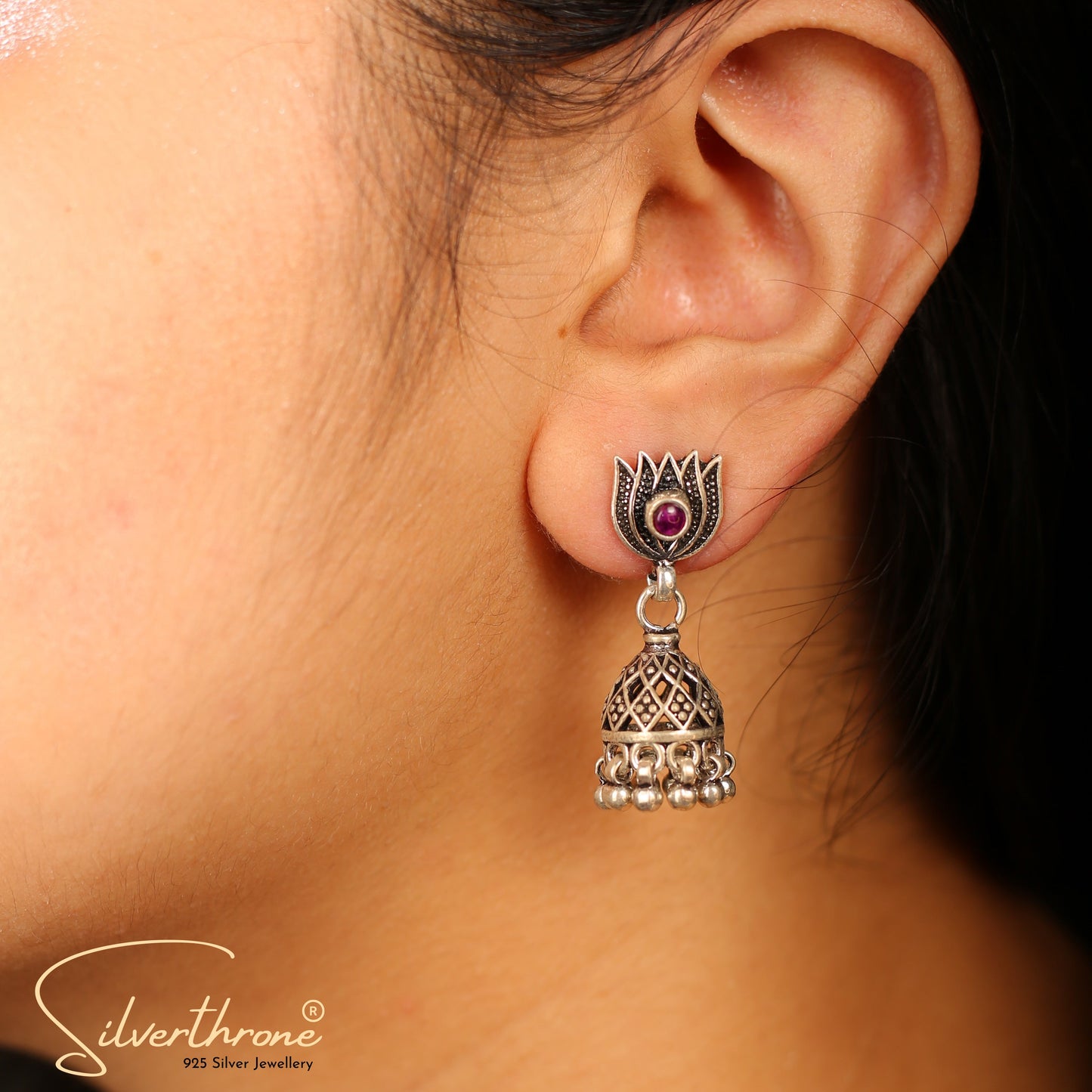 Traditional Lotus Hanging Purple Zircon Jhumka Earrings