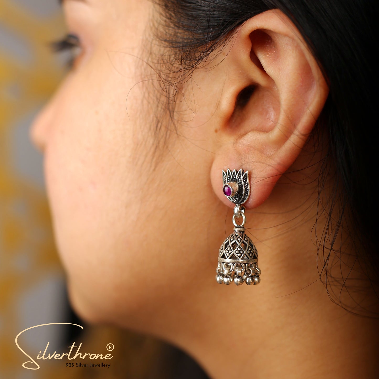 Traditional Lotus Hanging Purple Zircon Jhumka Earrings