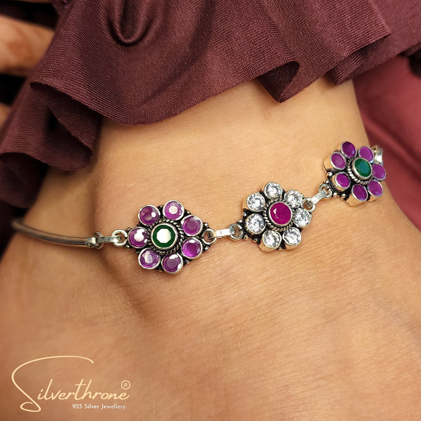 925 Silver Flower Cutstone Anklet