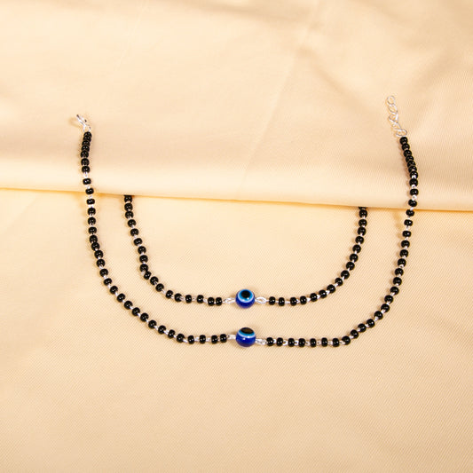 925 Silver Evil Eye Chain Black Beads Adjustable Anklet