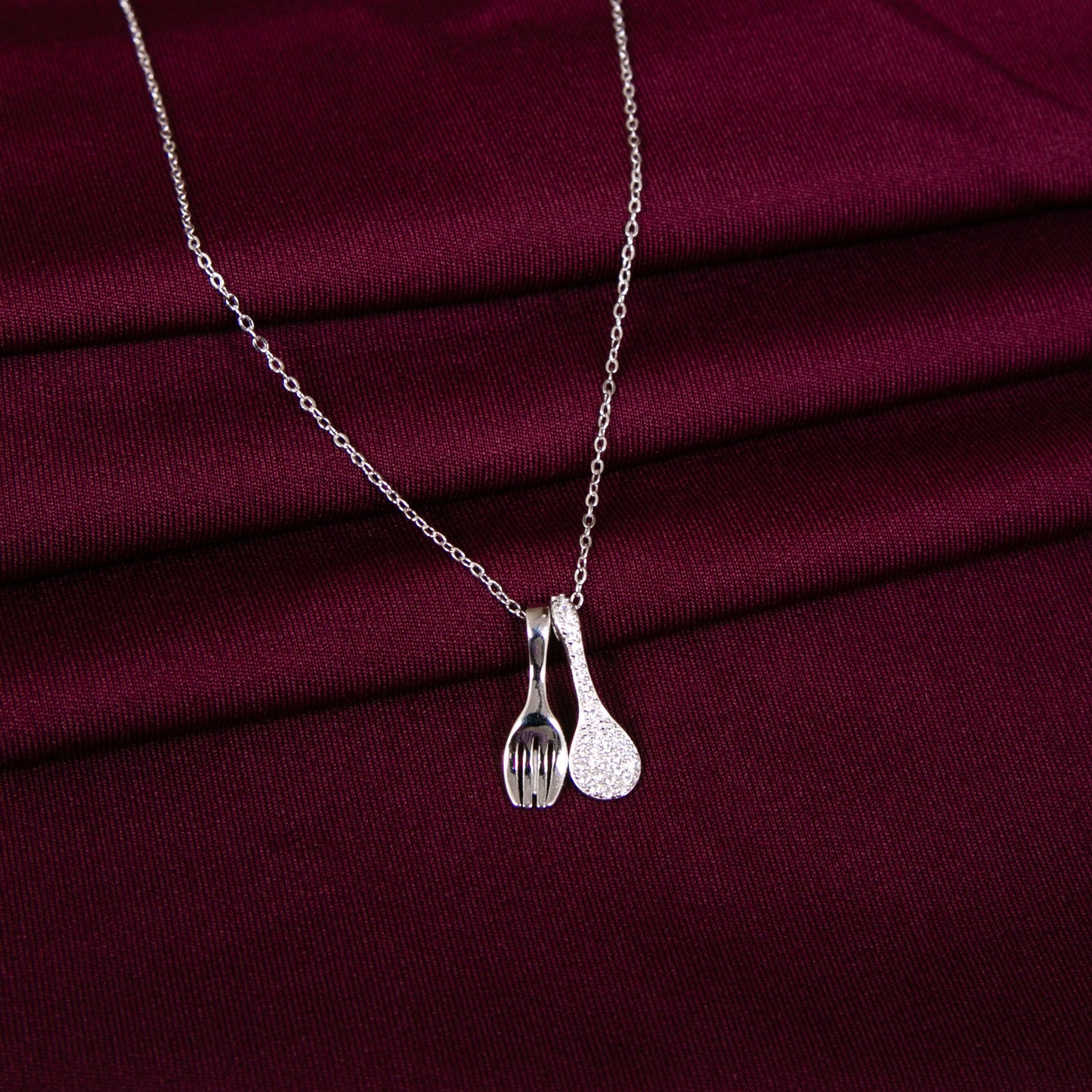 925 Silver Spoon And Fork cz Zirconia Adjustable Necklace Chain Style