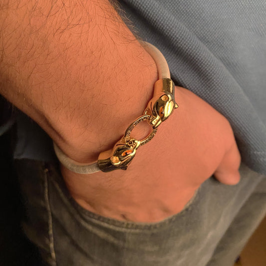 925 Silver Italian Leopard Head Gold Pleated Openable Gents Bracelet