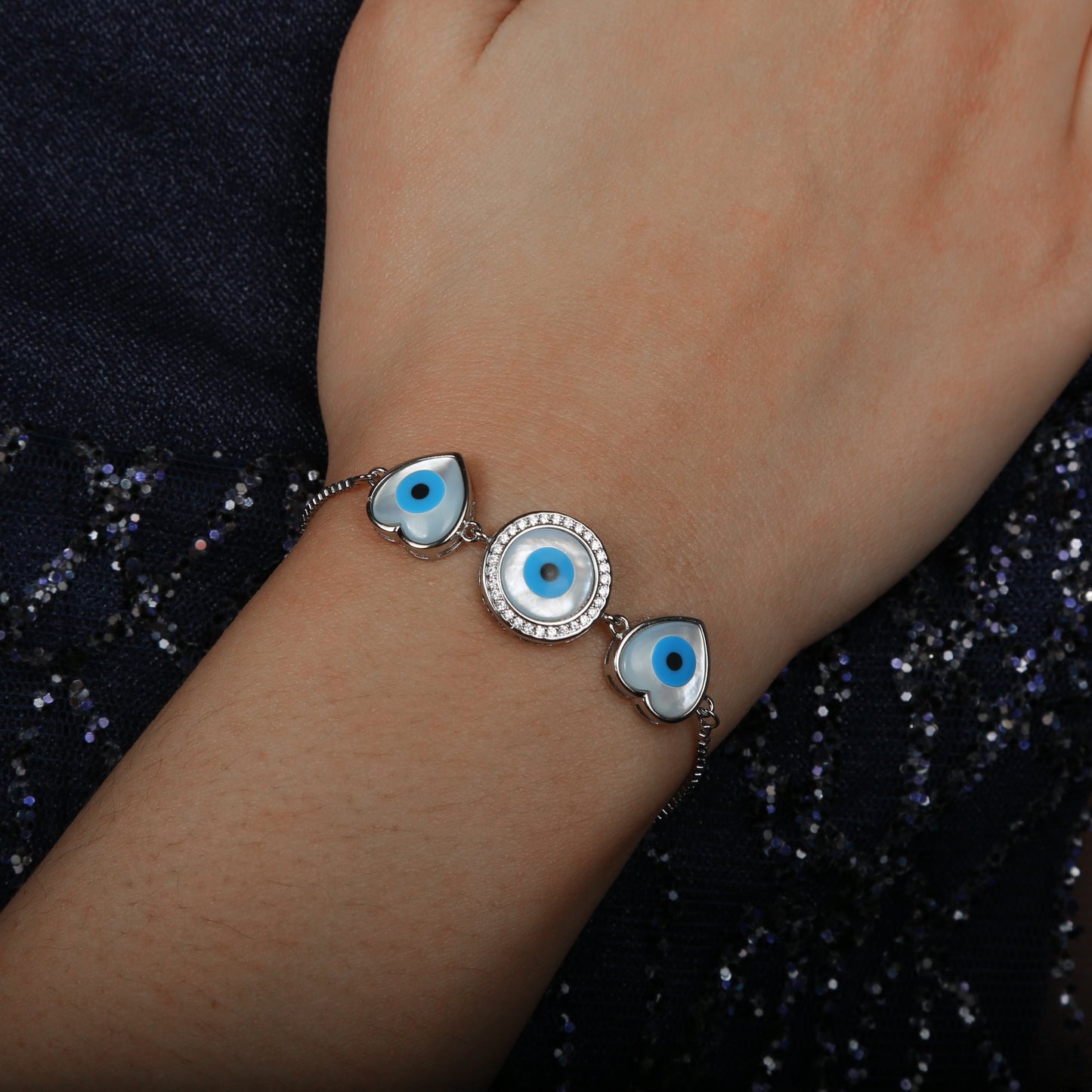 Silver Throne 925 Silver Adjustable Cz Evil Eye Bracelet