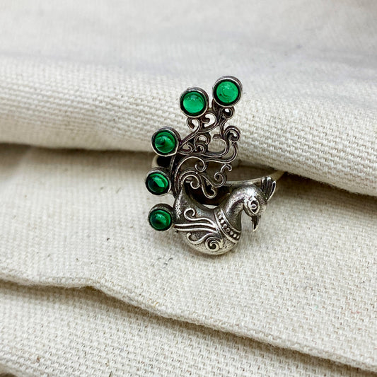 925 Silver Peacock Design Green Zircon Ring