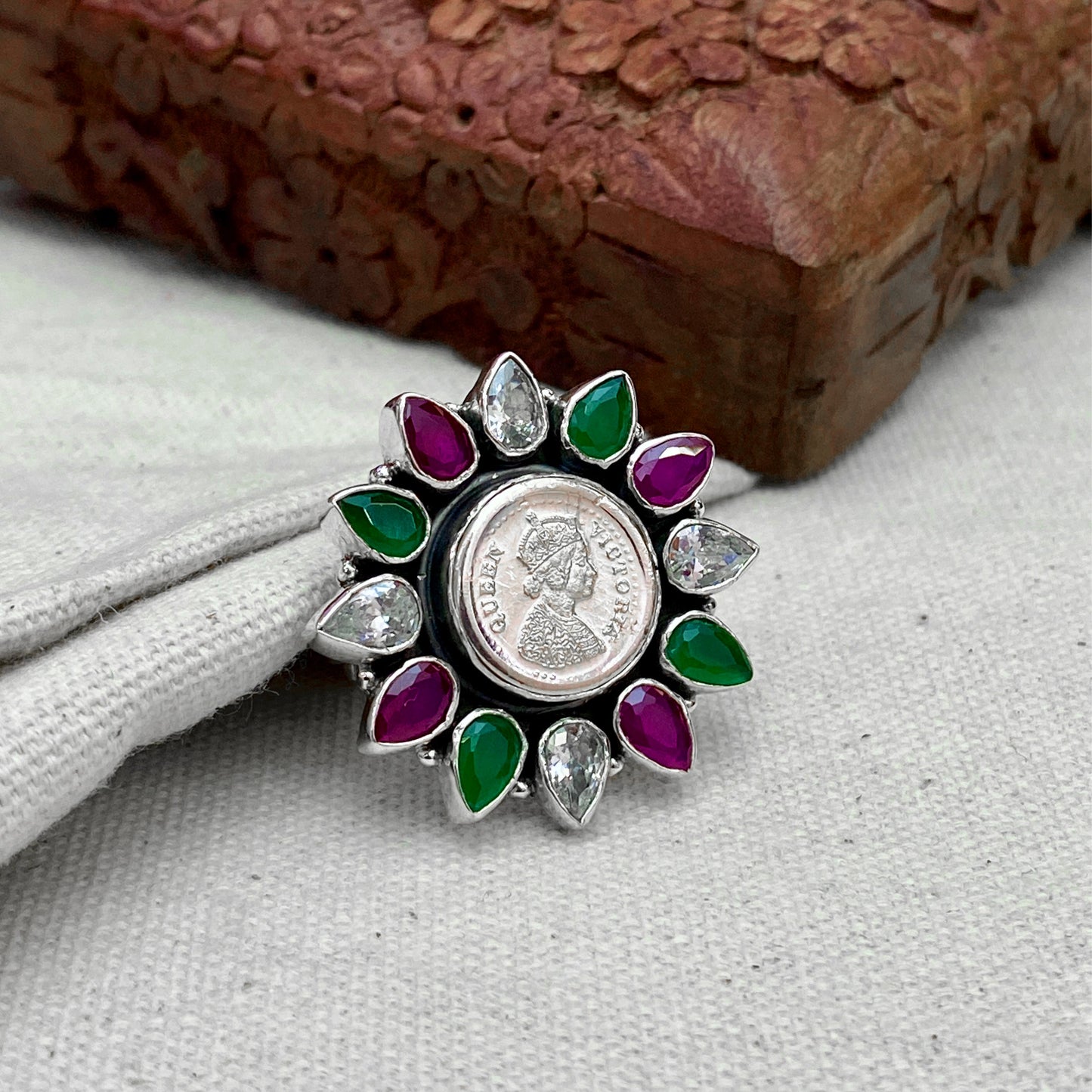 925 Silver Floral Coin-Shaped Multicolored Zircon Ring