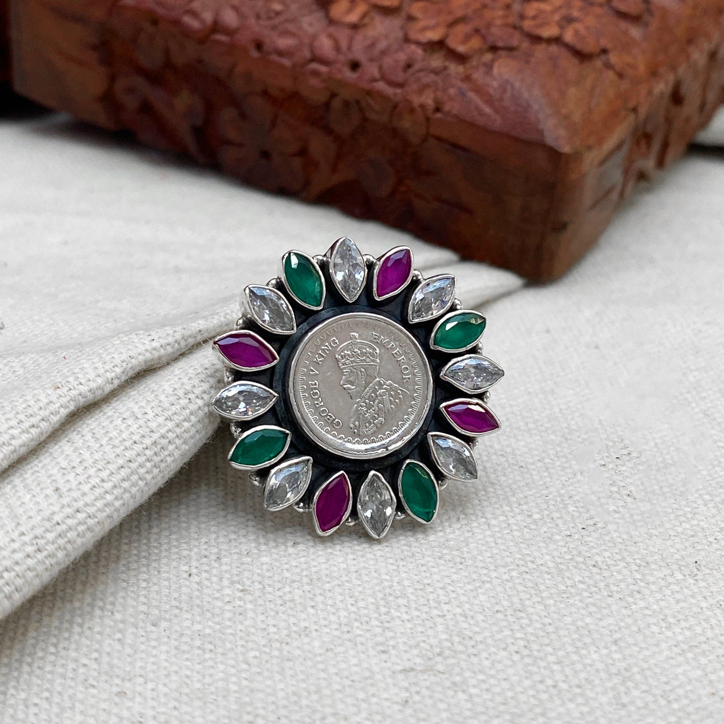 925 Silver Floral Coin-Shaped Multicolored Zircon Ring