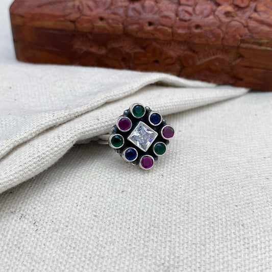 925 Silver Floral Multicolor Zircon Ring