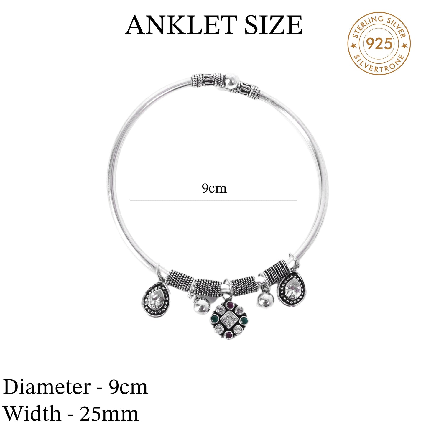 Cut Stone Multi Stone Lacha Kada Design Anklet (Payal) for women in Pure 925 Sterling Silver