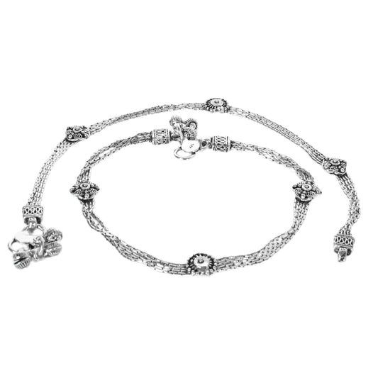 3 Line Chain Floral Design Anklet (Payal) for women in Pure 925 Sterling Silver