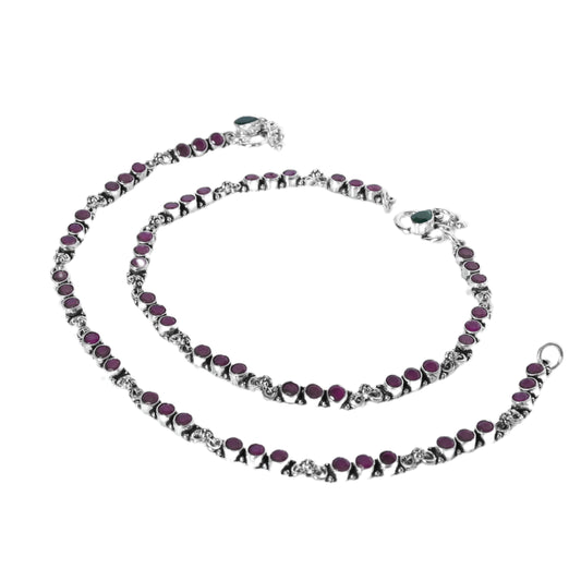 Red Cut Stone Design Anklet (Payal) for women in Pure 925 Sterling Silver