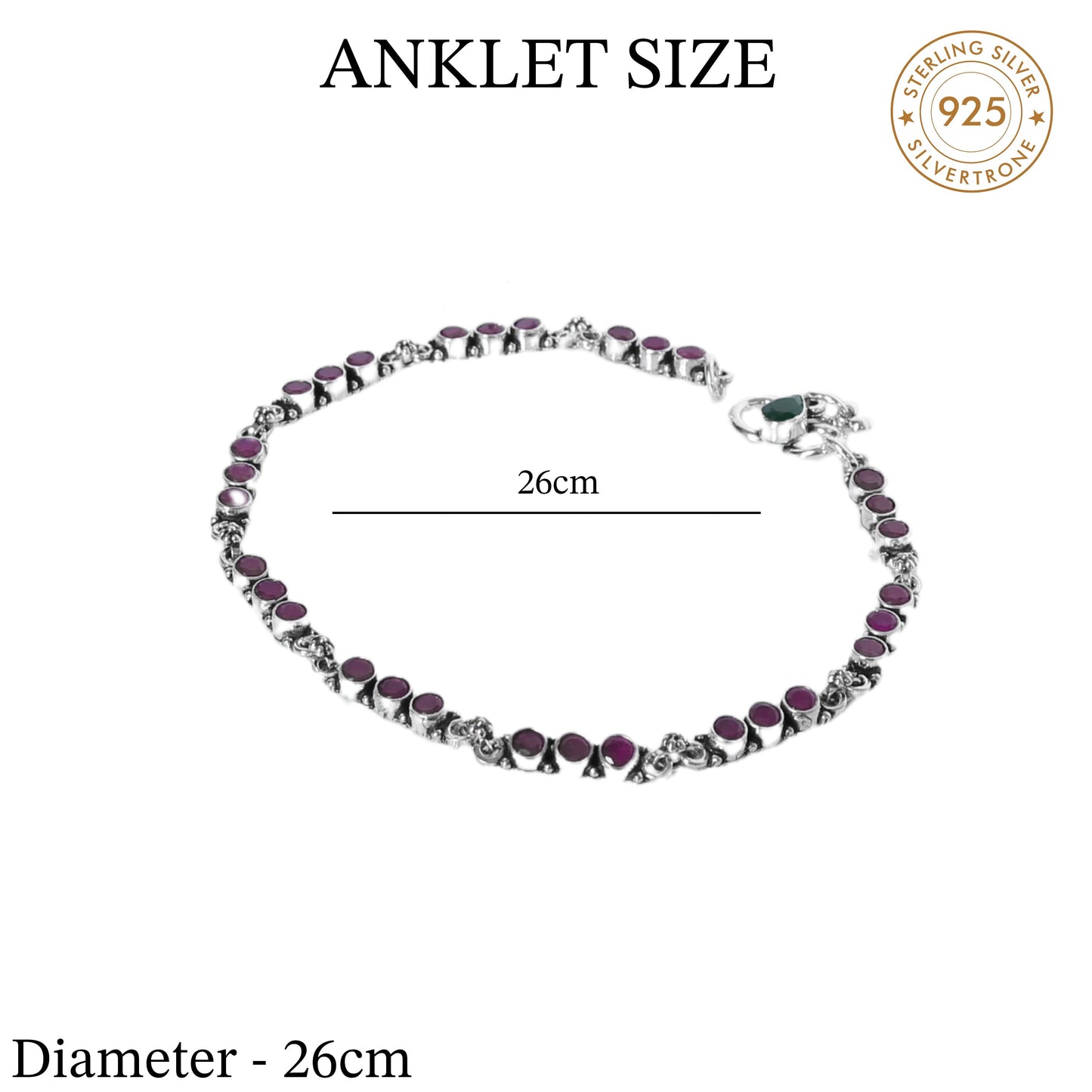 Red Cut Stone Design Anklet (Payal) for women in Pure 925 Sterling Silver