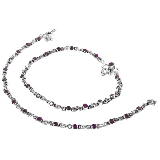 Red Cut Stone Design Anklet (Payal) for women in Pure 925 Sterling Silver