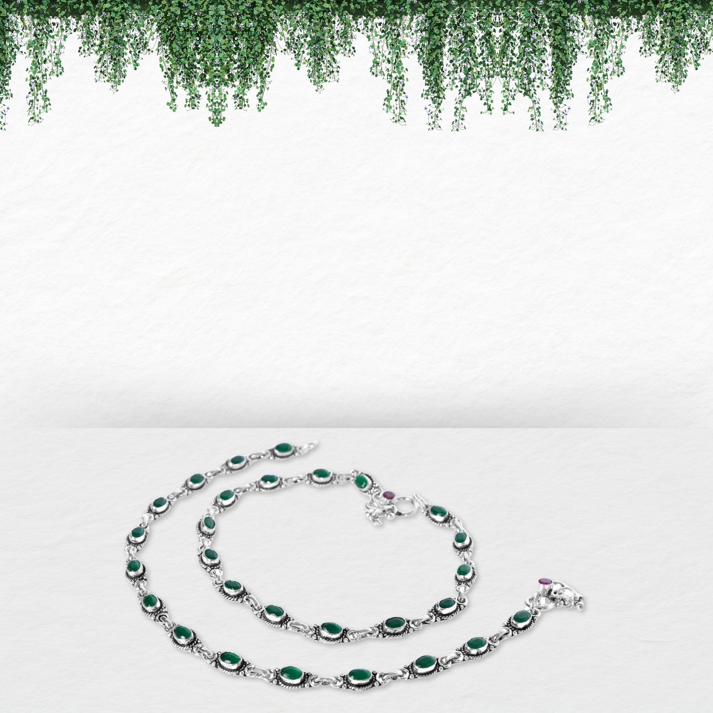 Green Cut Stone Design Anklet (Payal) for women in Pure 925 Sterling Silver