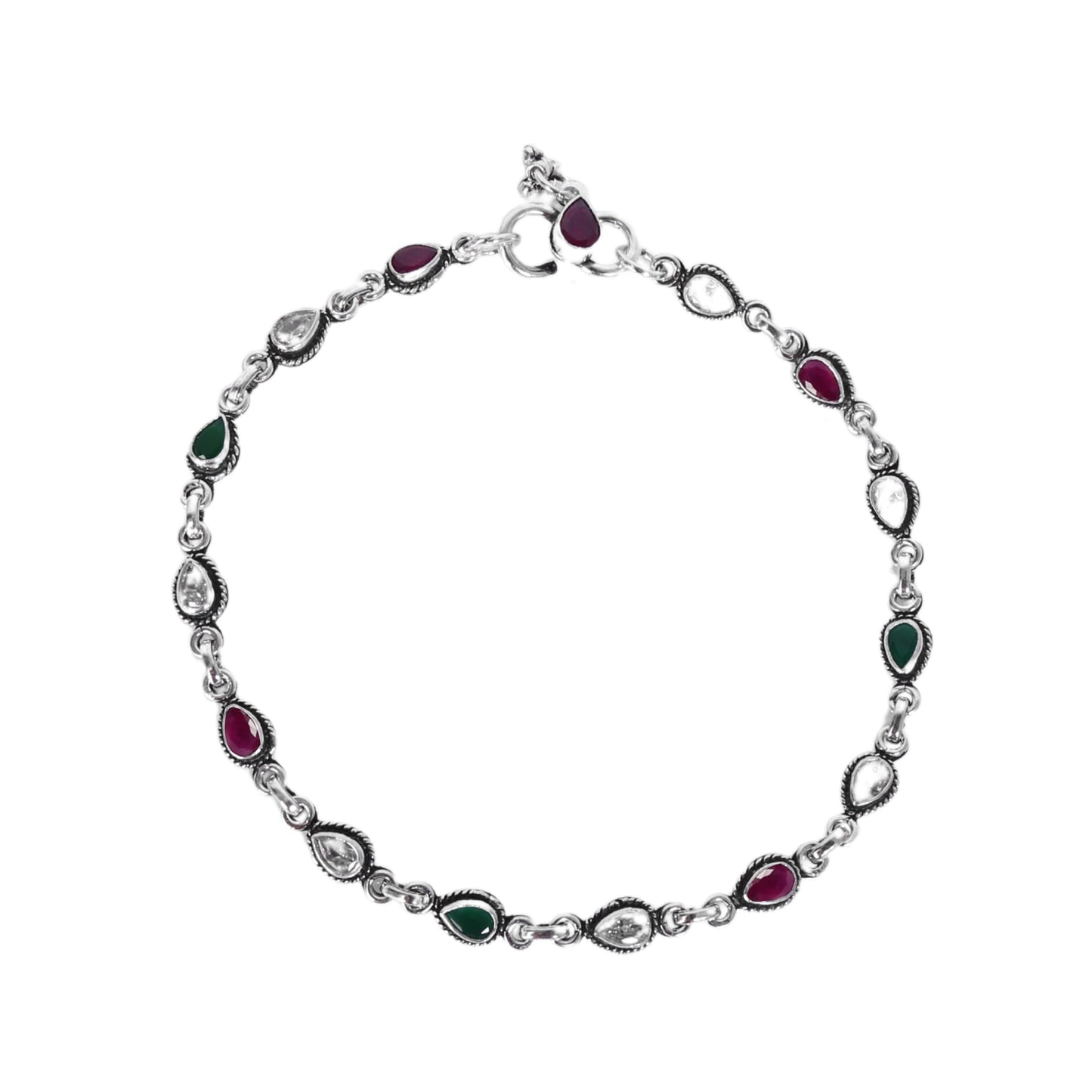 Red And Green Cut Stone Design Anklet (Payal) for women in Pure 925 Sterling Silver