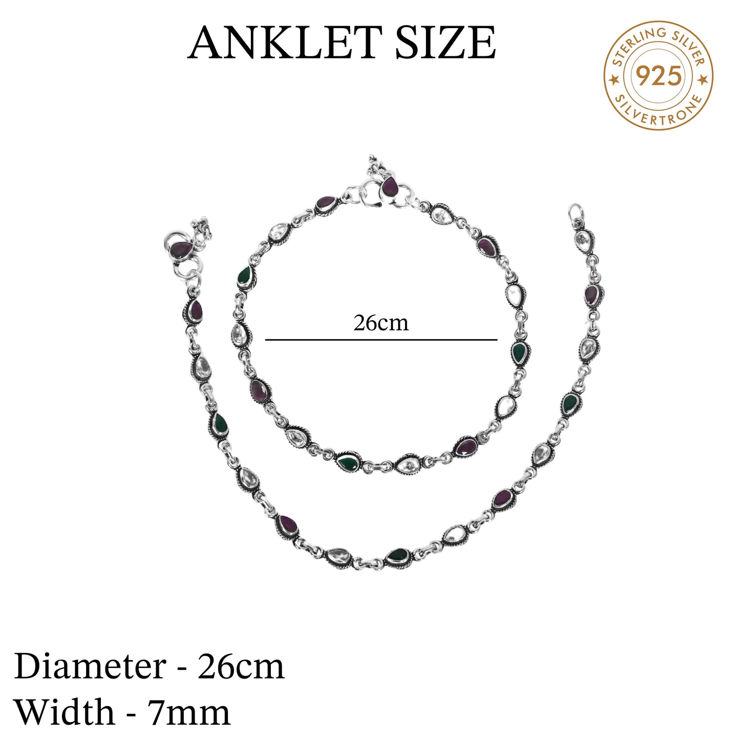 Red And Green Cut Stone Design Anklet (Payal) for women in Pure 925 Sterling Silver