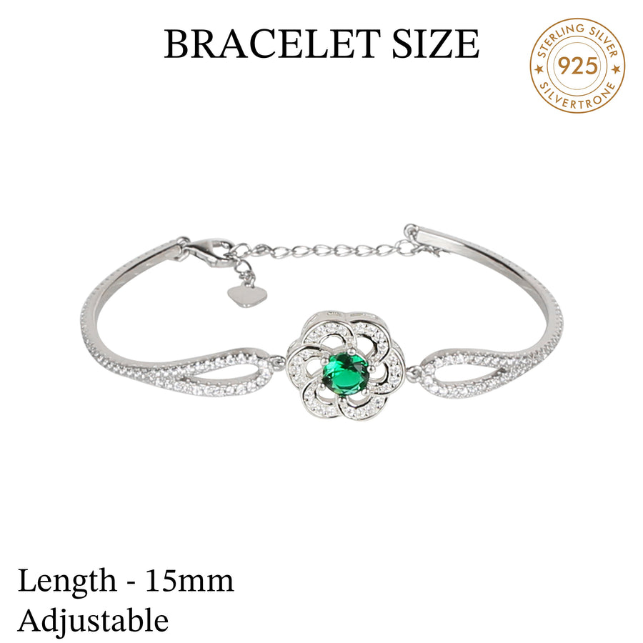 925 Silver Green Flower Cz Design Adjustable Bracelet