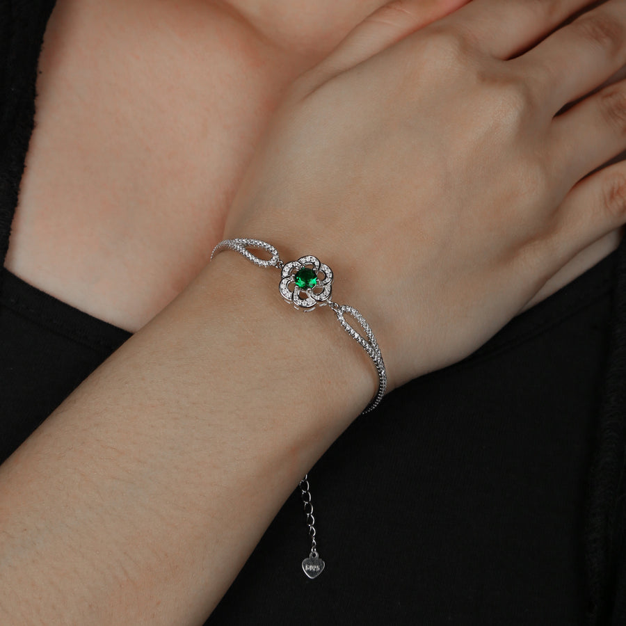 925 Silver Green Flower Cz Design Adjustable Bracelet