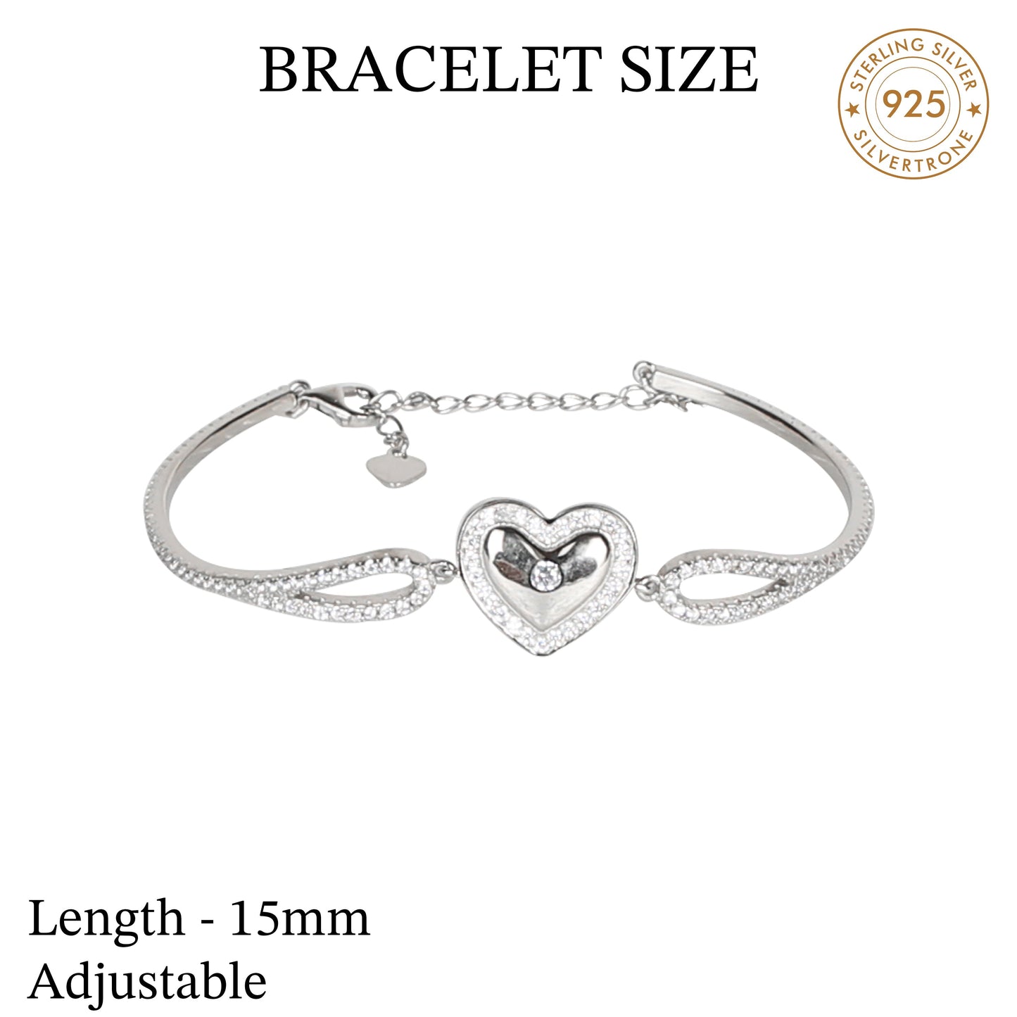 925 Silver Cz Heart Design Adjustable Bracelet