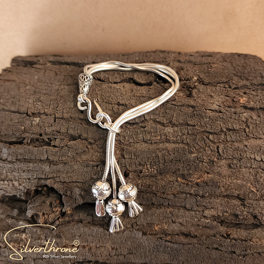 Chain Style Ball Leaf Charm Hanging Motif Fusion Silver Bracelet