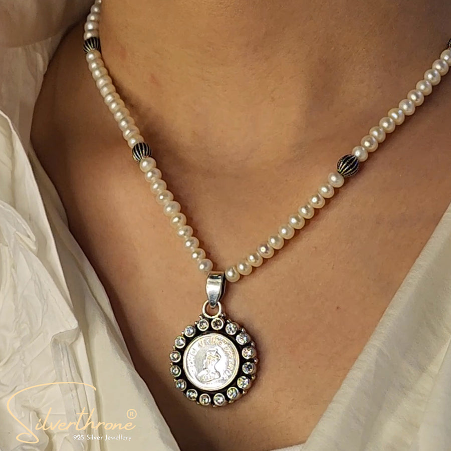 Cut-Stone Classic Victorian Coin Pendant With Real Pearl Silver Beads Mala