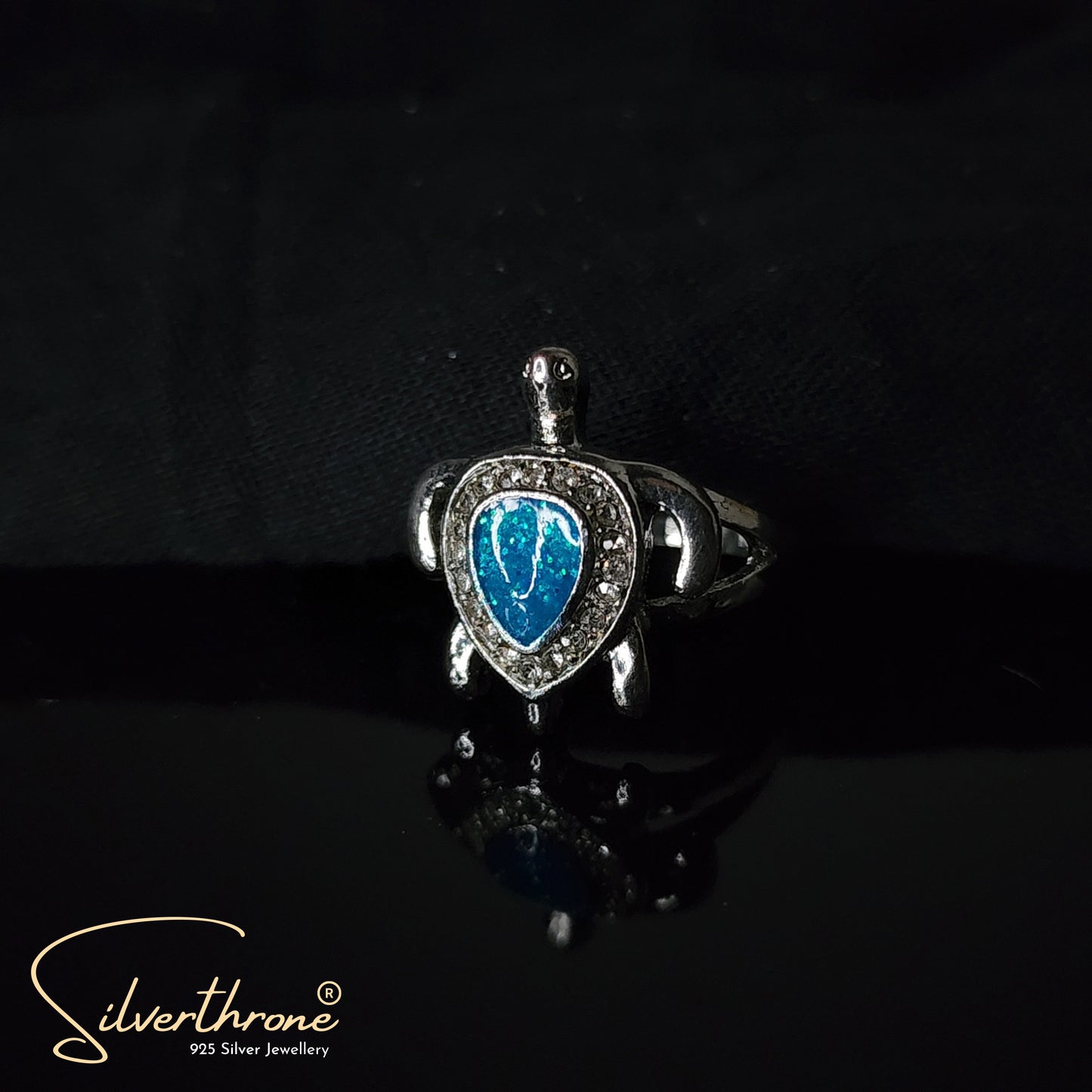 Silver Zircon Blue Turtle Ring