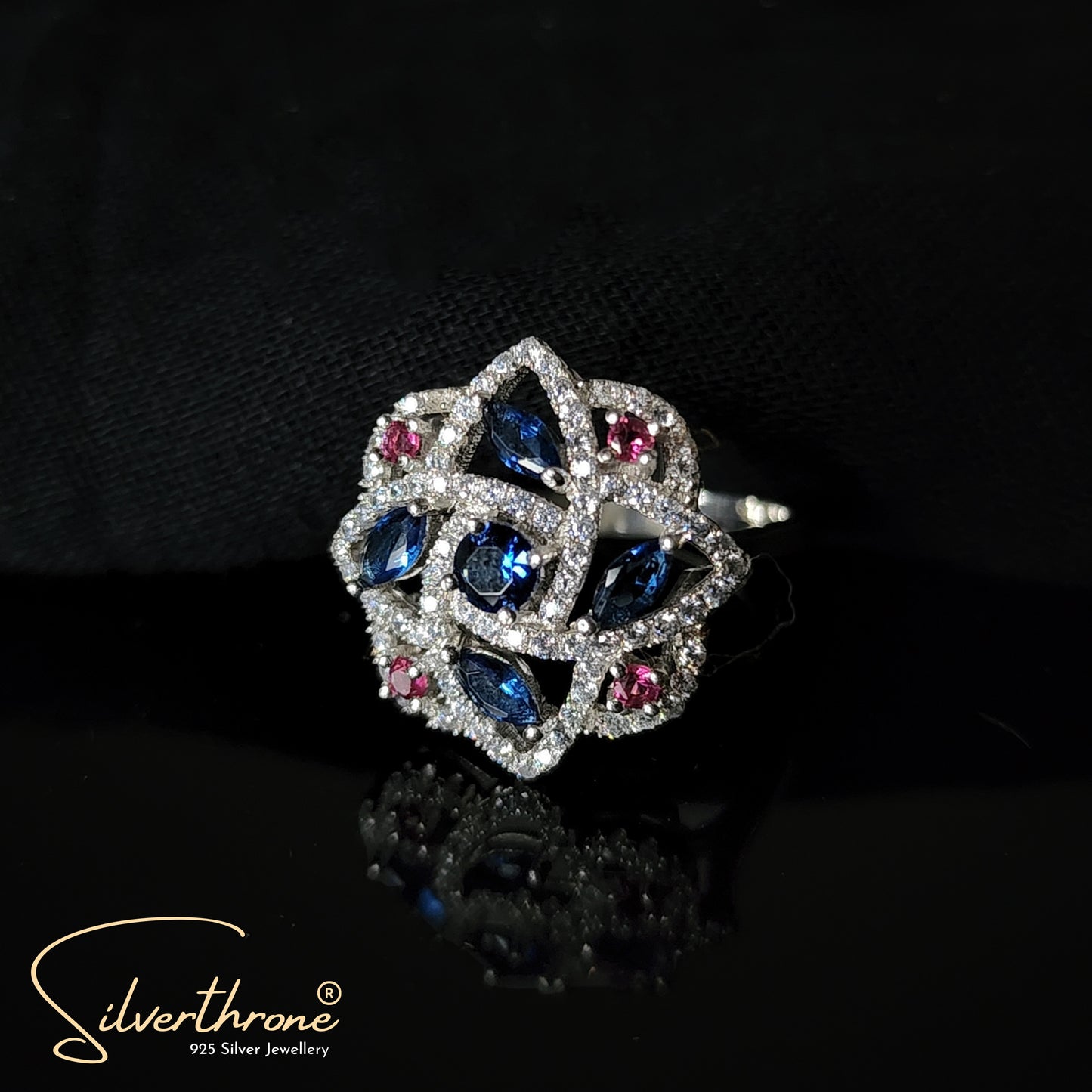 Silver Zircon Blue Red Flower Ring