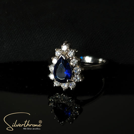 Silver Zircon Blue Pear Ring