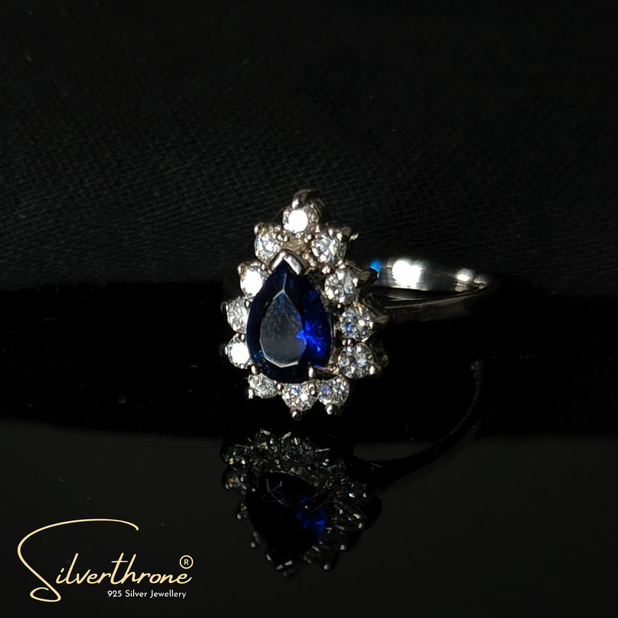 Silver Zircon Blue Pear Ring