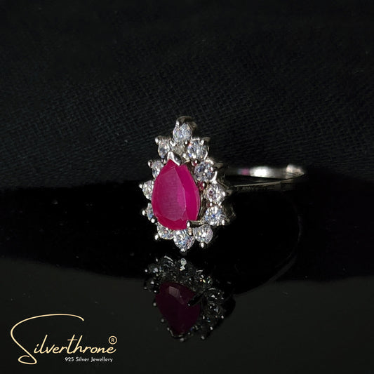 Silver Zircon Red Pear Ring