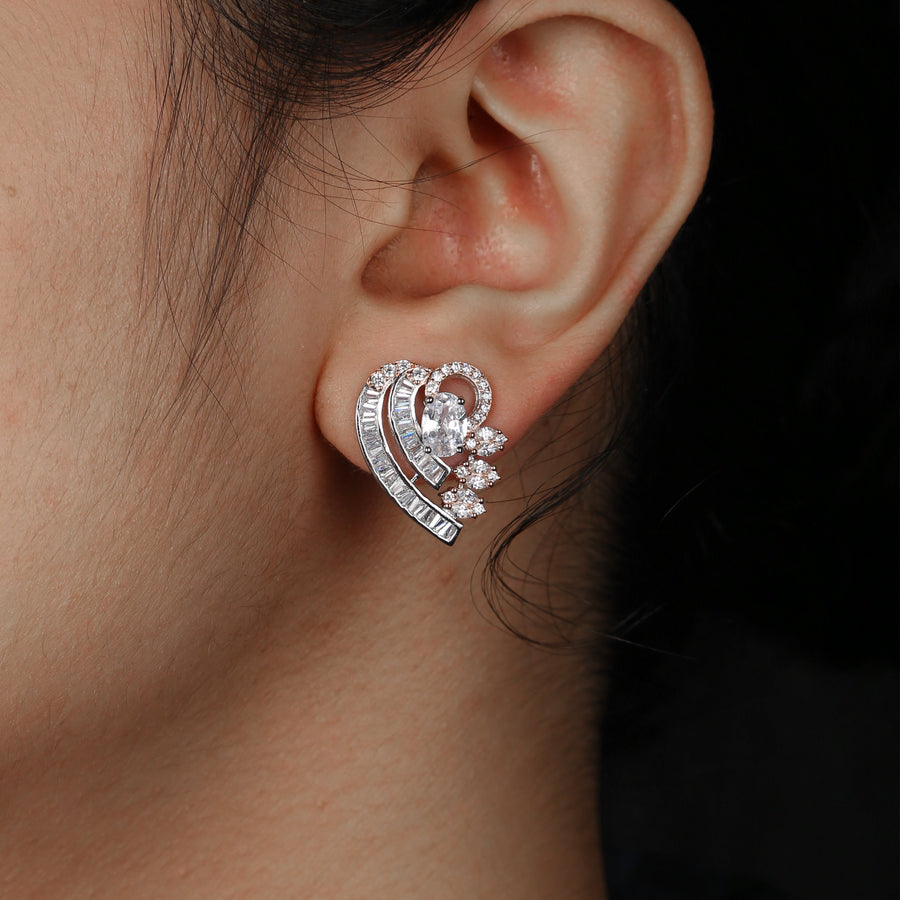 Zircon Crystal Leaf Stud 925 Silver Earrings
