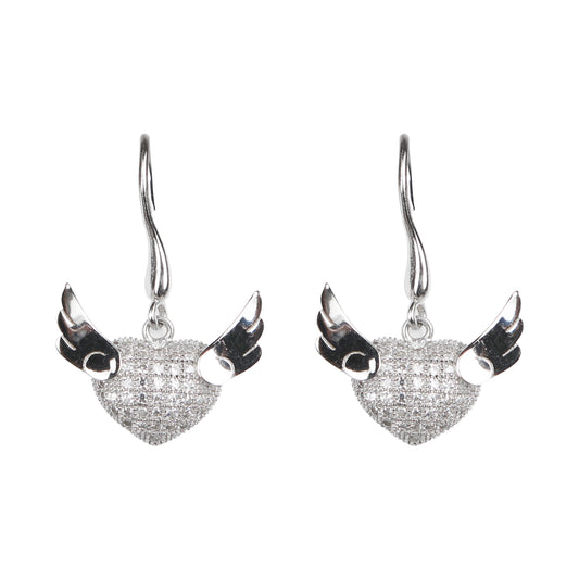 Zircon Heart With Wings 925 Silver Earrings