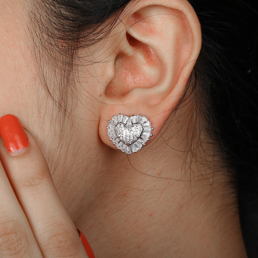 Zircon Baguette Heart 925 Silver Earring
