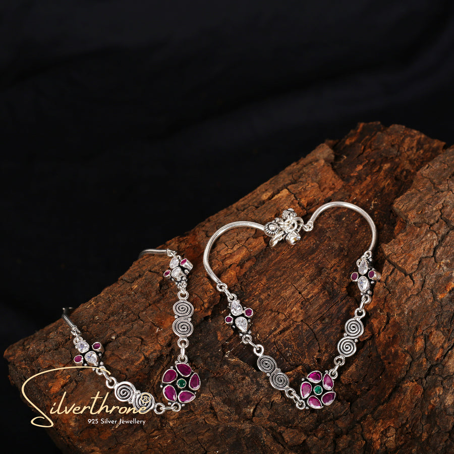 Floral Cut Stone Wire Work Anklet Pair