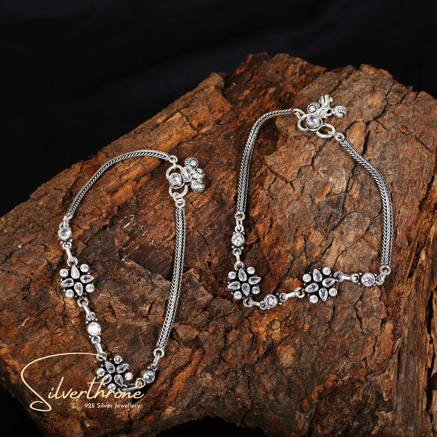 Classic Floral Cut Stone Anklet Pair