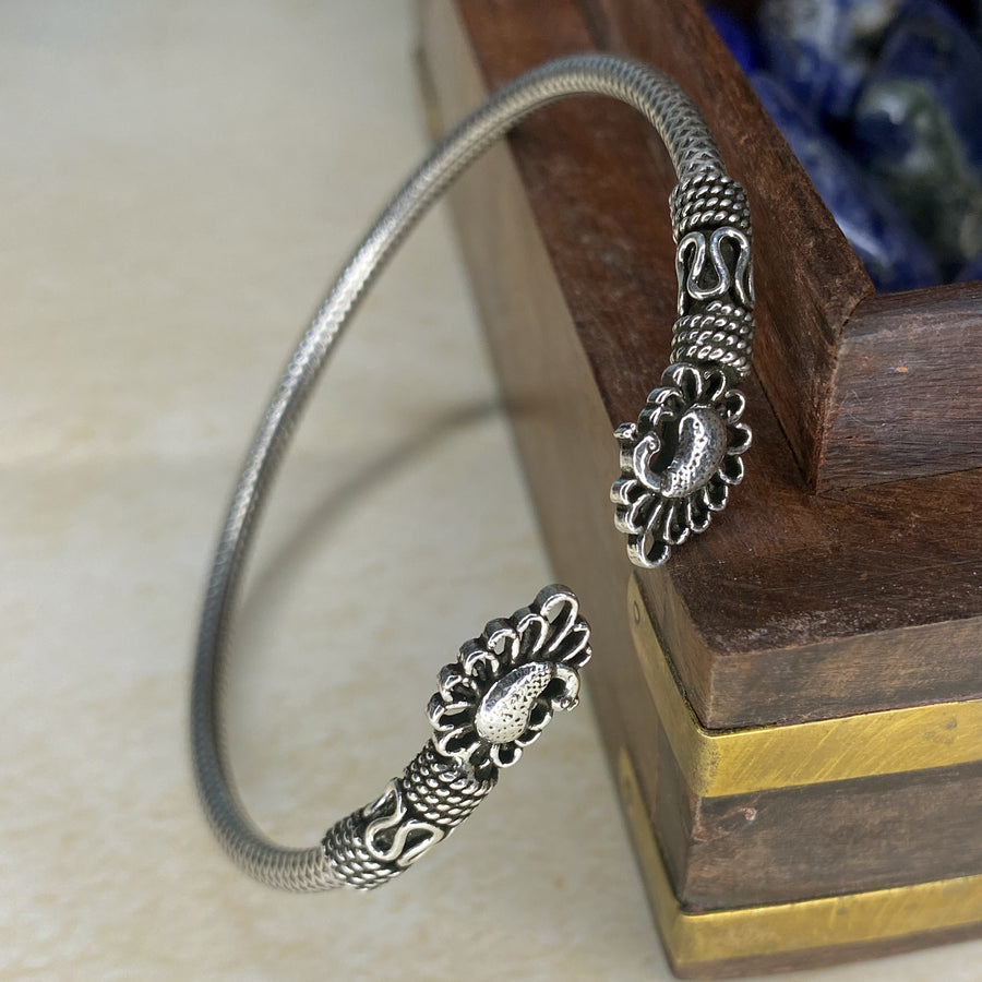 Peacock Motif Engraved Chitai Silver Bracelet