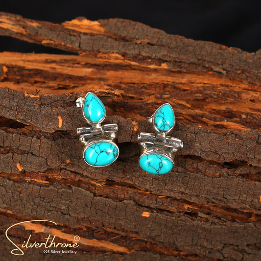 Turquoise Cut-Stone Oval Drop Style Stud Earrings