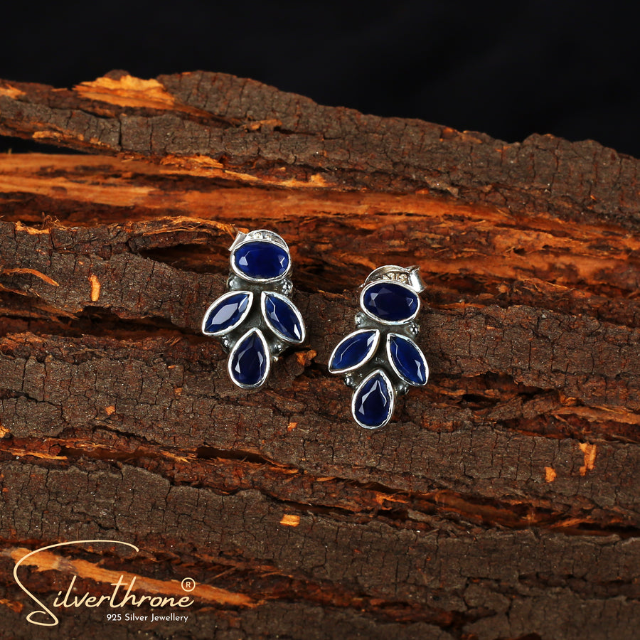 Blue Cut-Stone Oval Leaf Style Stud Earrings