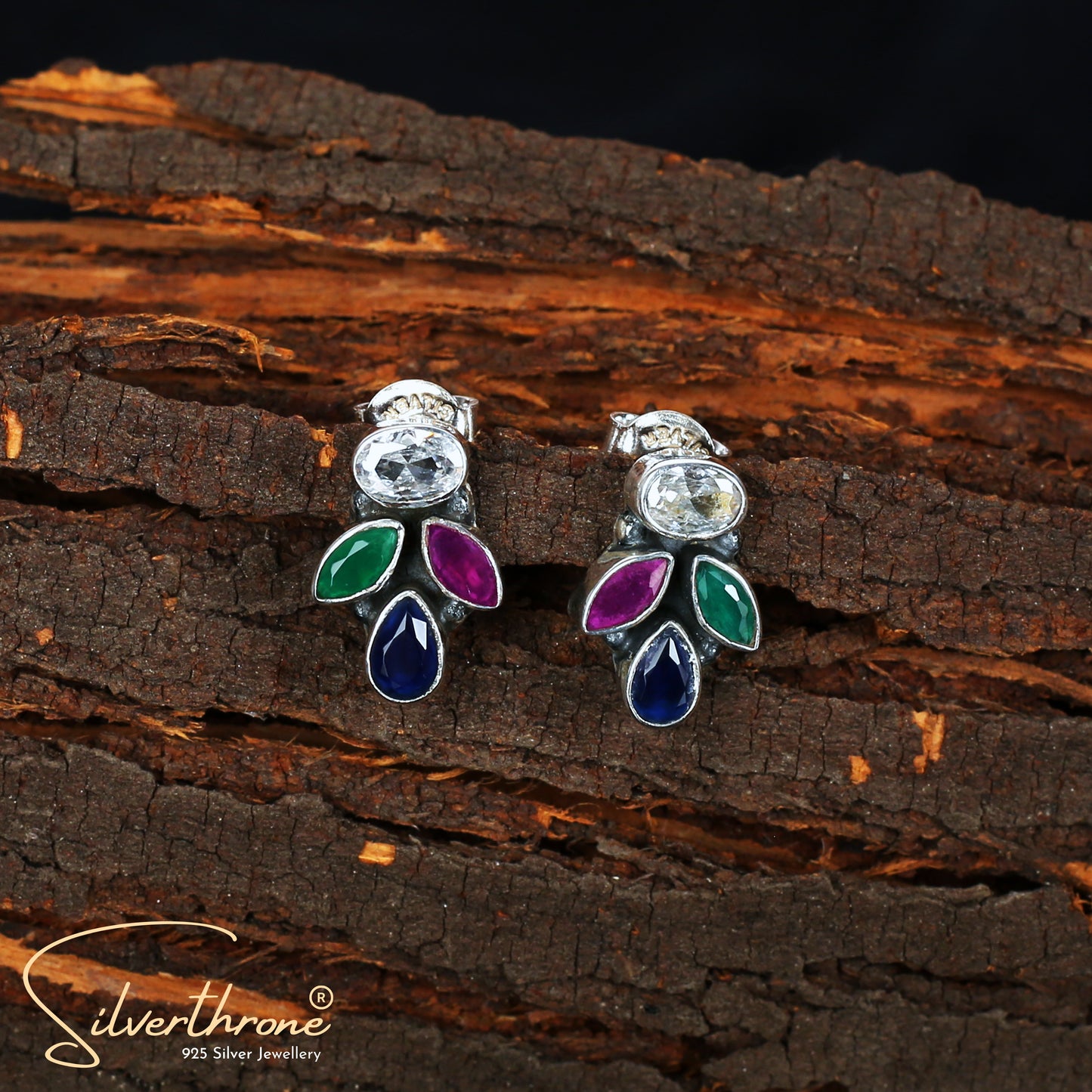 MultiColor Cut-Stone Oval Leaf Style Stud Earrings