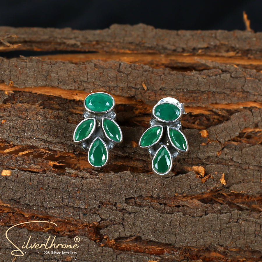 Green Cut-Stone Oval Leaf Style Stud Earrings
