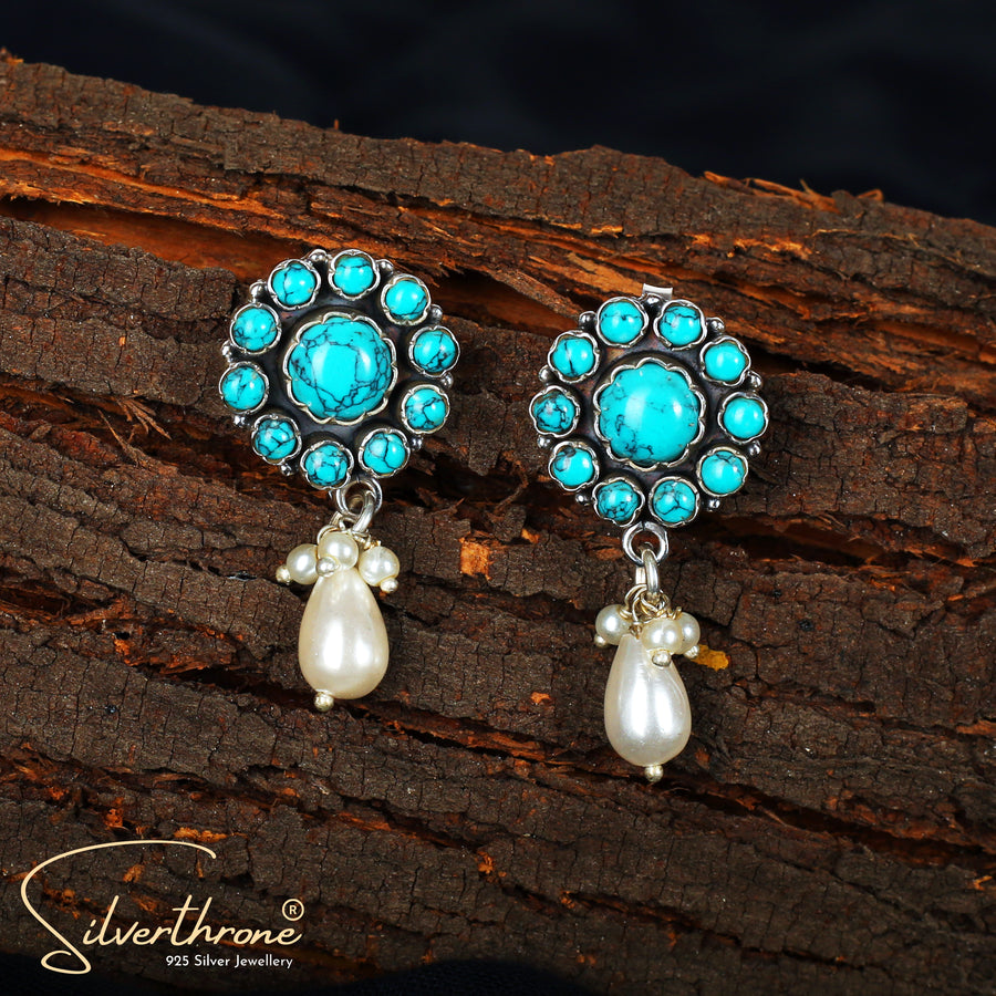 Turquoise Flower Cut-Stone Pearl Drop Stud Style Earrings