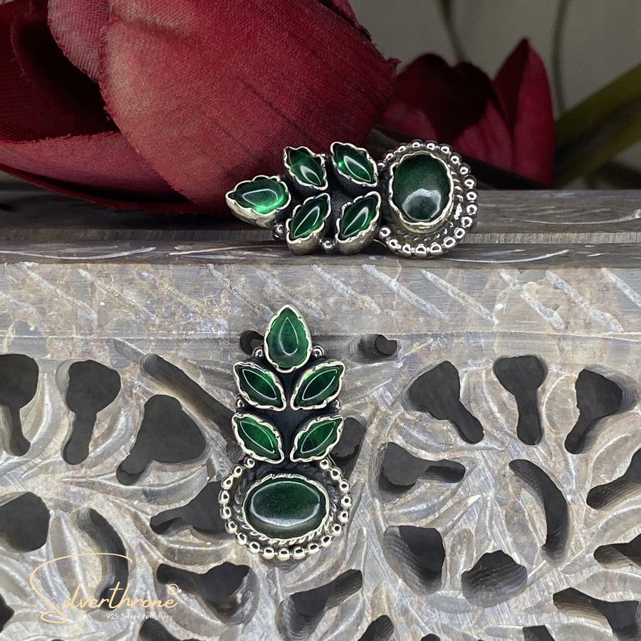Green Cut-Stone Floral Crown Stud Earrings